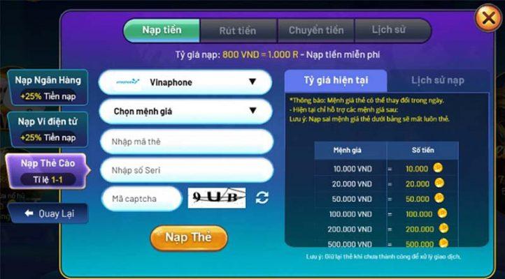 Nạp qua thẻ cào vào Vinh club
